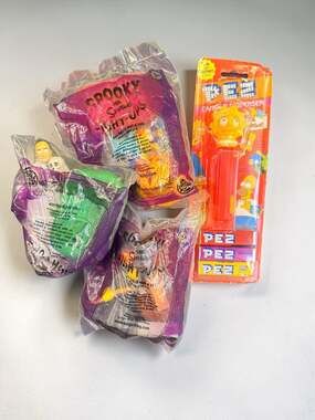 Vintage Simpsons Collectible Lot: Spooky Burger King Toys and Lisa PEZ Dispenser